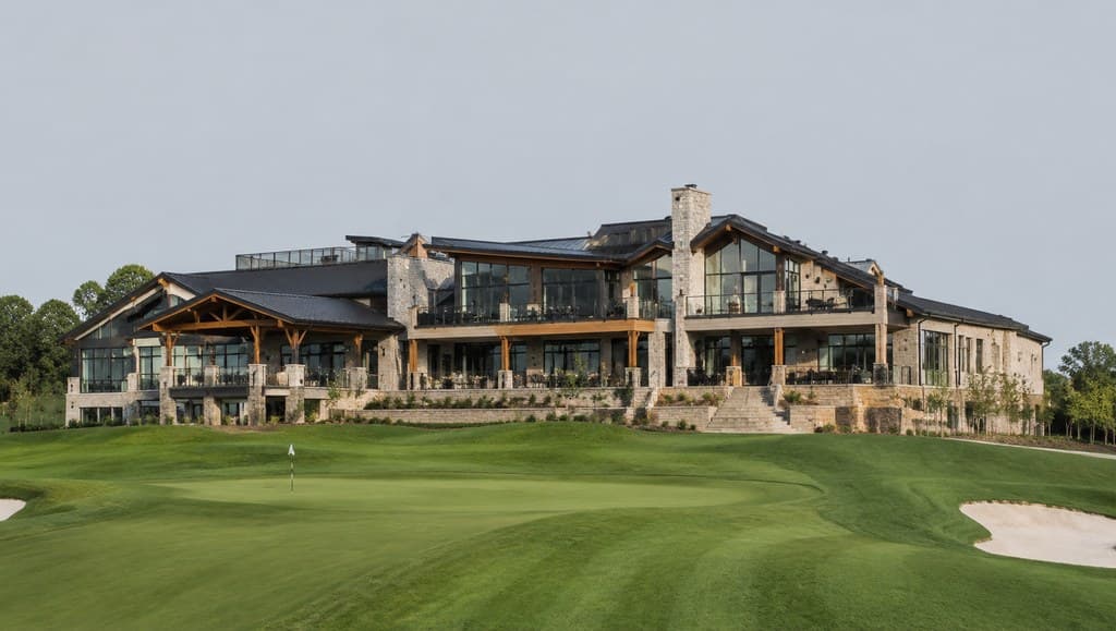 golf clubhouse exterior overlooking manicured fairways