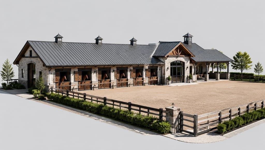 equestrian stable exterior with a row of horse stalls and a riding arena
