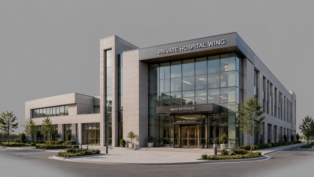private hospital wing exterior with a modern glass facade and a discreet entrance