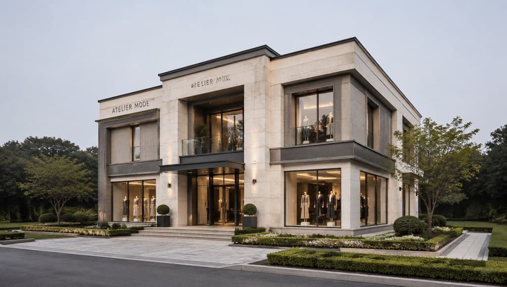 fashion atelier building exterior with large display windows