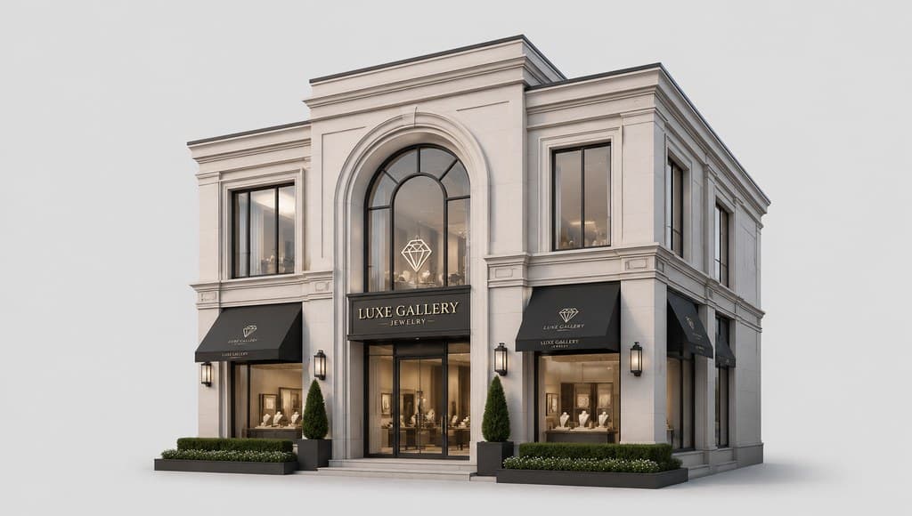 jewelry gallery building exterior with an elegant boutique storefront facade