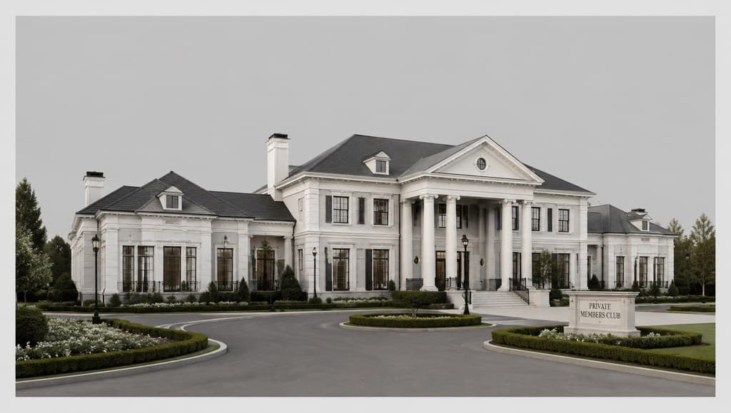 private members-only country club exterior with a colonial-style facade