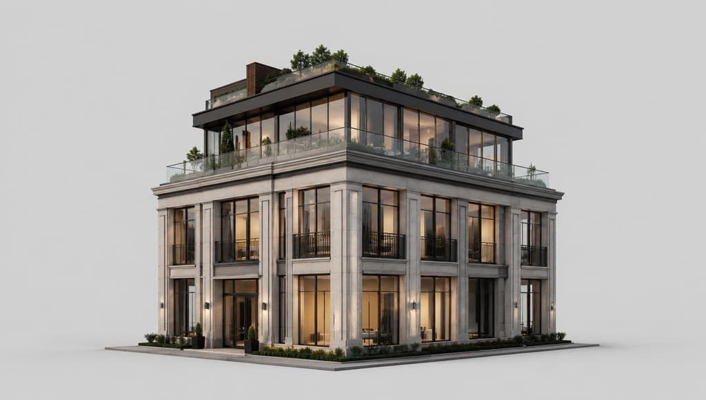 downtown penthouse building exterior with a rooftop garden visible at the top floor