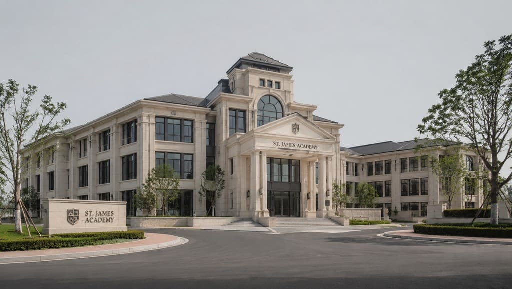 private school campus building exterior with classical academic architecture