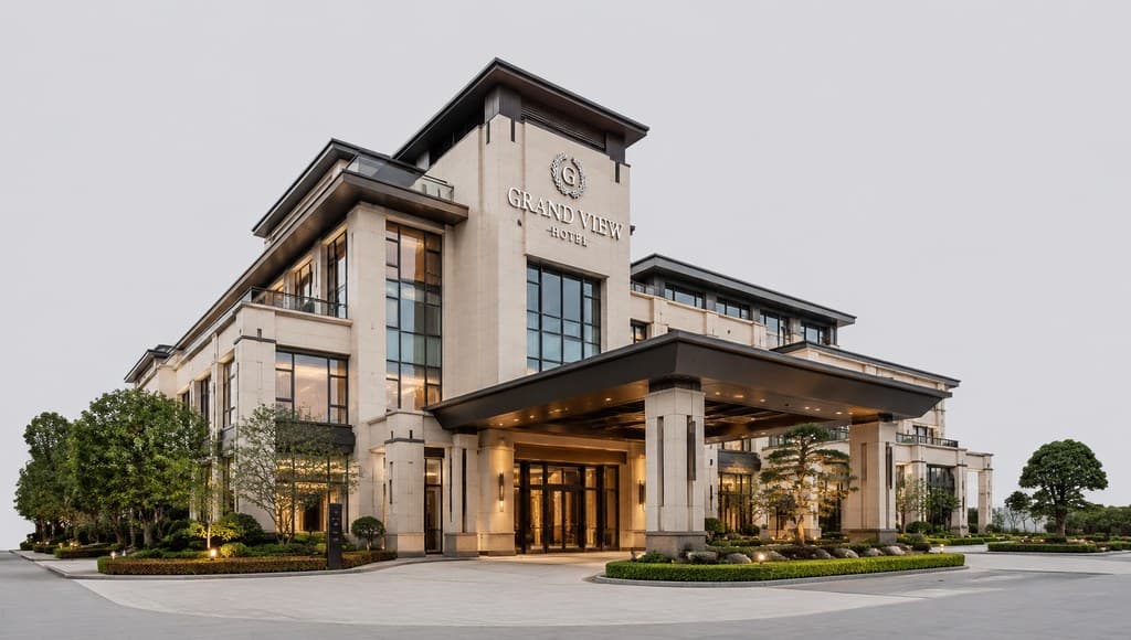 luxury hotel exterior with a grand porte-cochere entrance