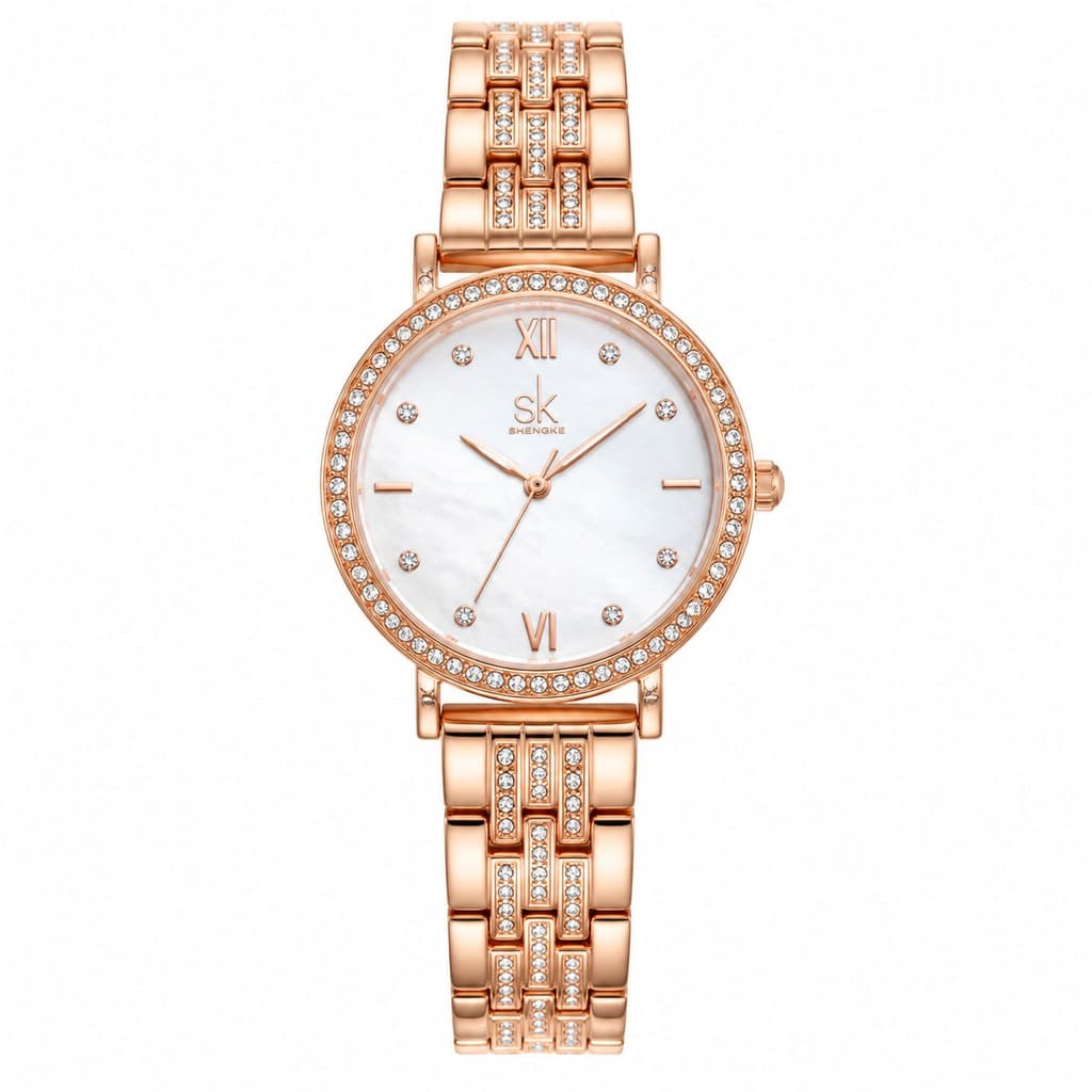 women's diamond-studded rose gold wristwatch