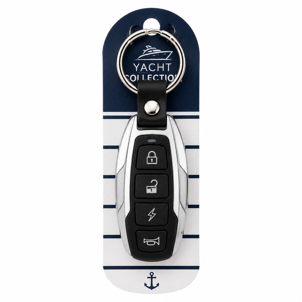 yacht ignition key fob on nautical-themed tag