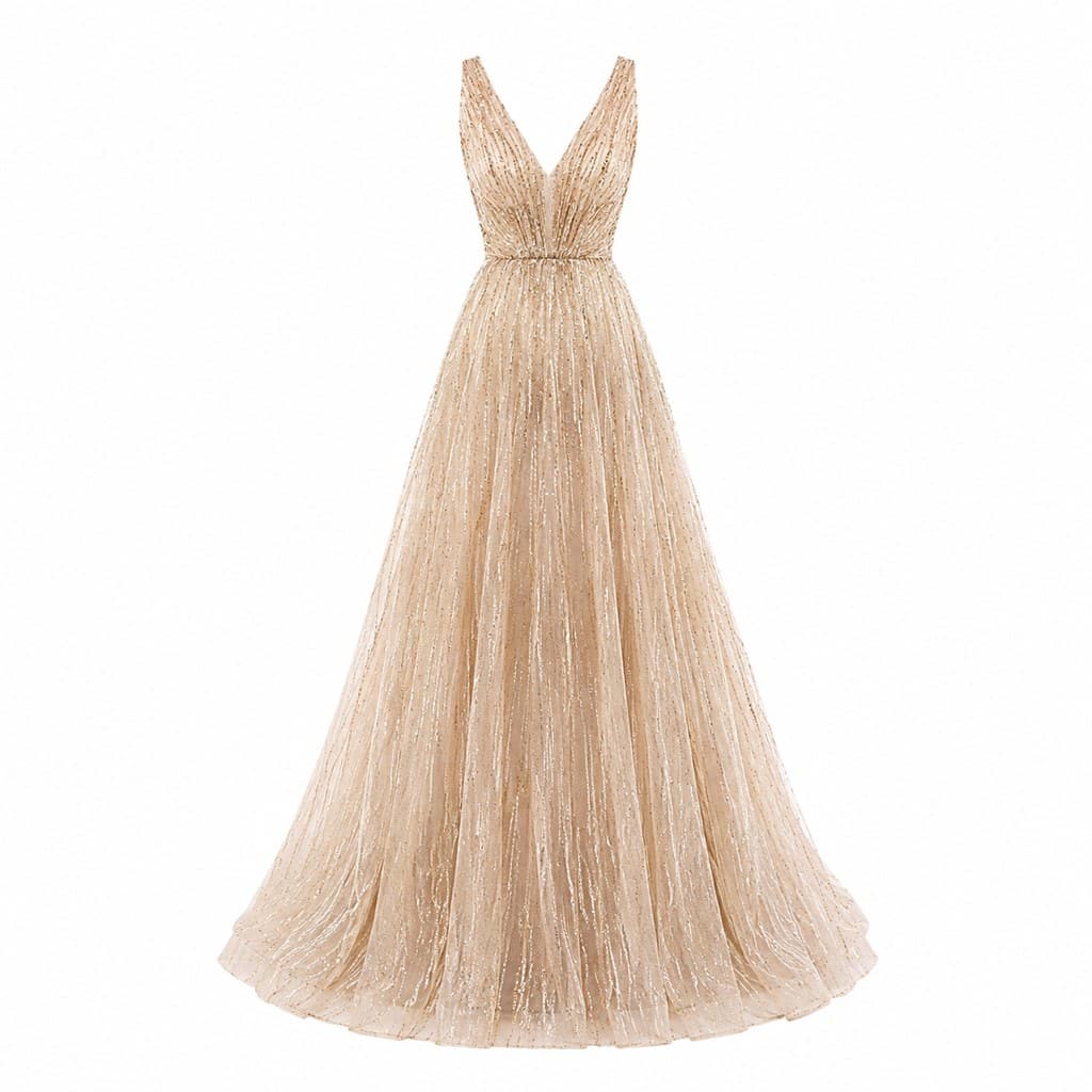 haute couture evening gown displayed on invisible form