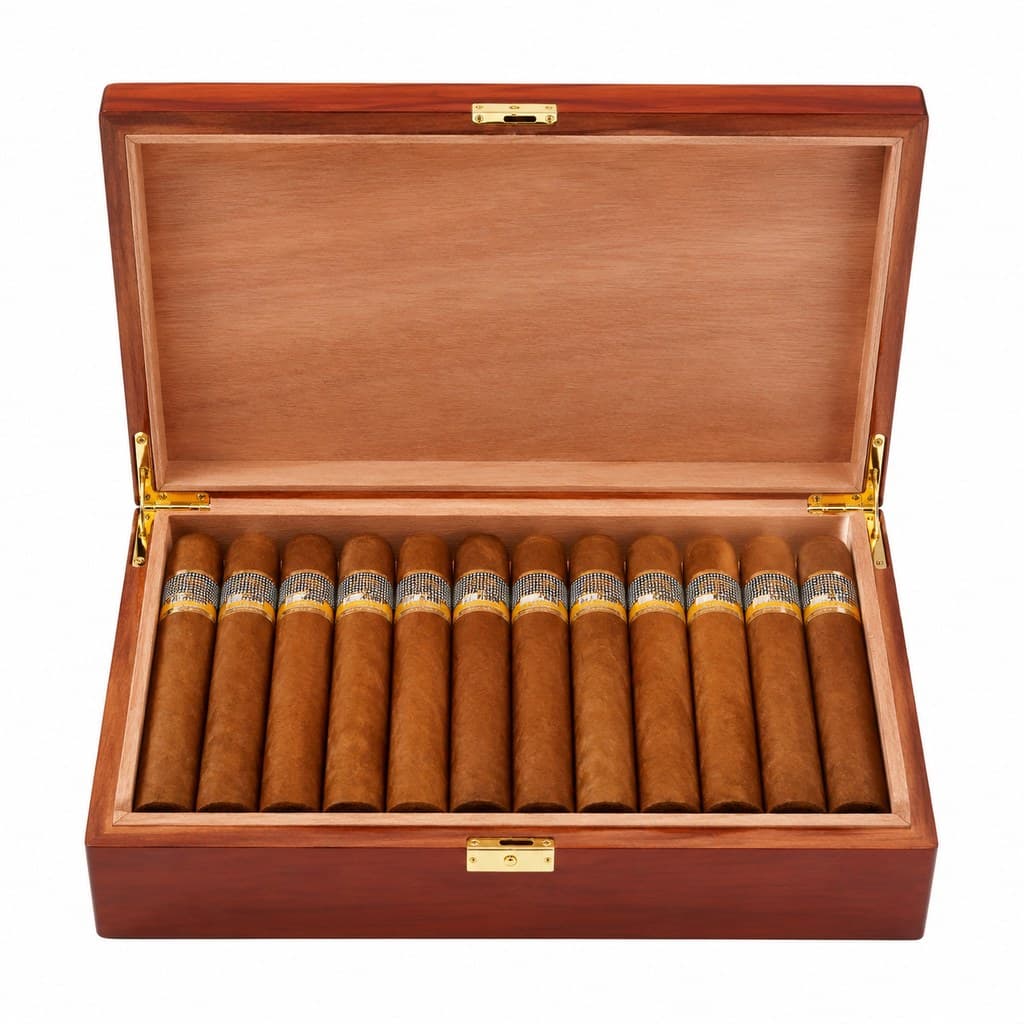 polished wooden cigar box lined with cedar, lid open
