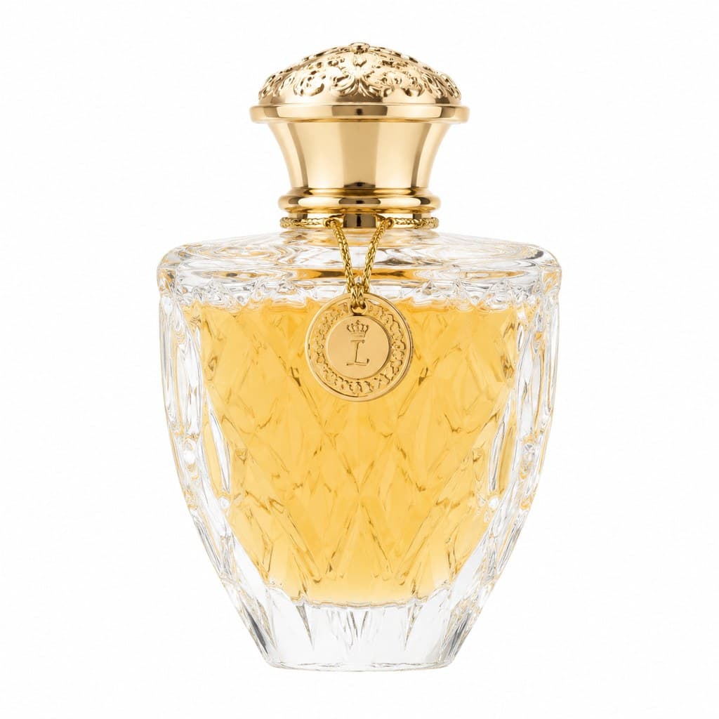 ornate crystal perfume bottle with gold cap