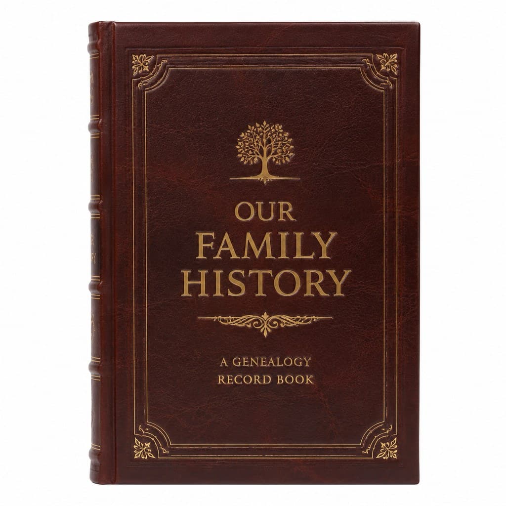 leather-bound family genealogy book with gold lettering