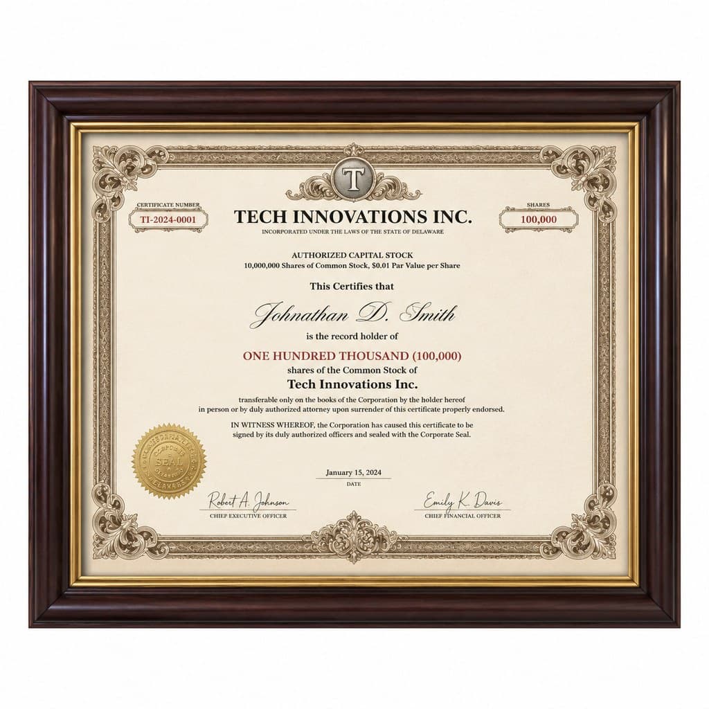 ornately framed company stock certificate