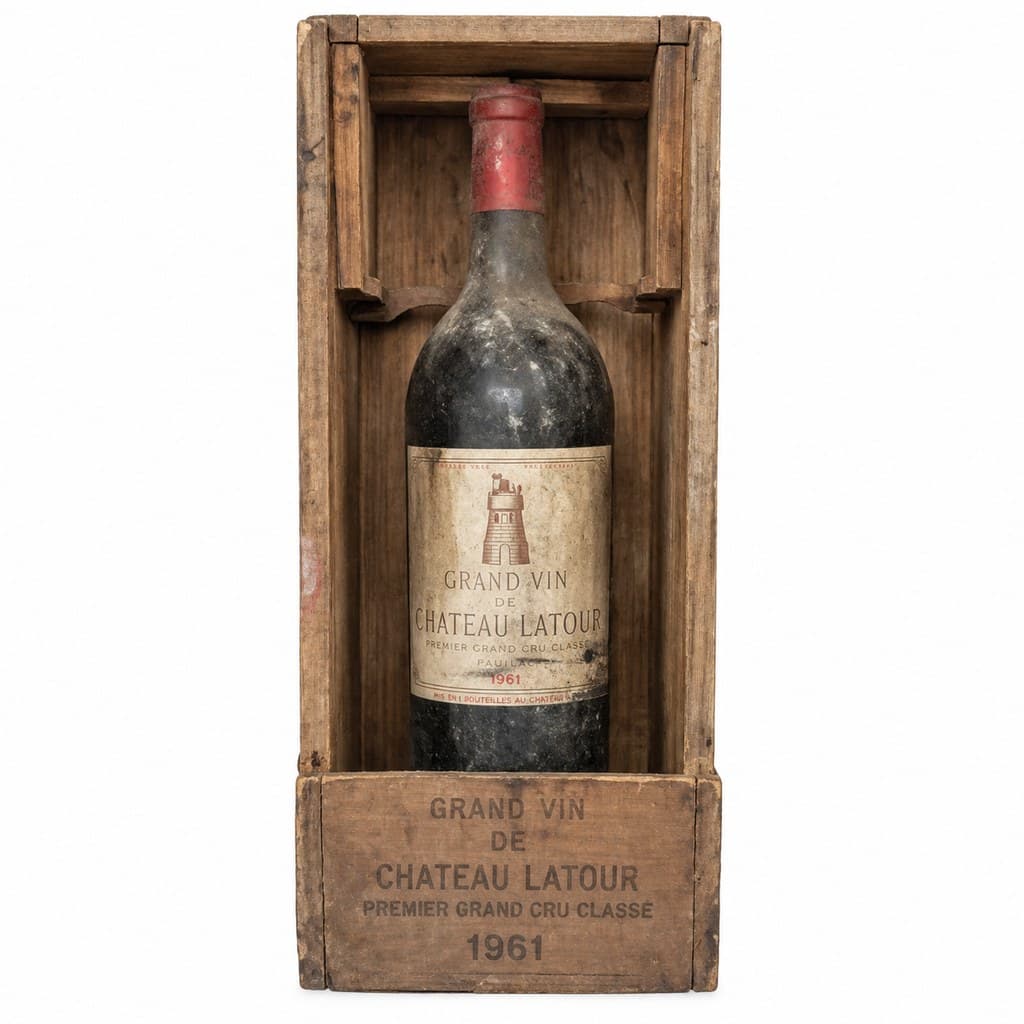 dust-covered vintage wine collection bottle in wooden crate