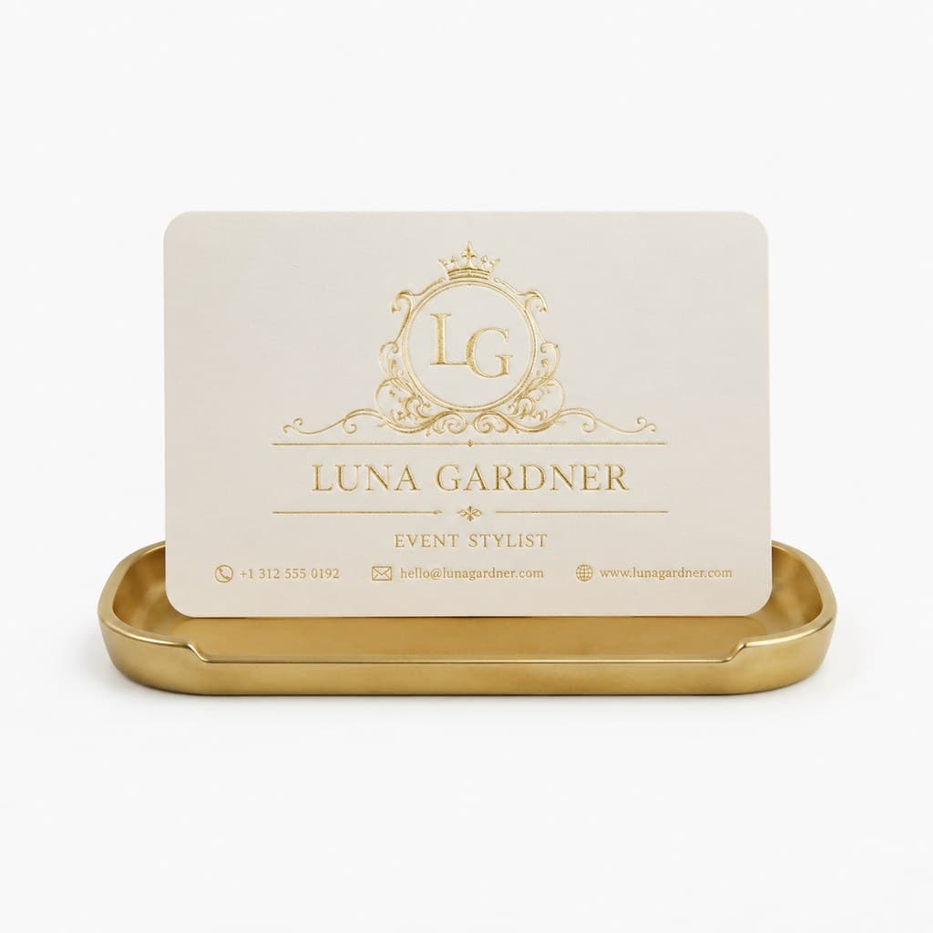 engraved gold-foil business card on small tray
