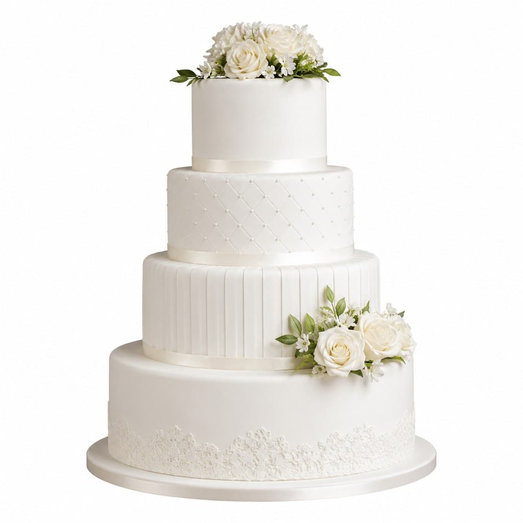 multi-tiered white wedding cake with floral decoration