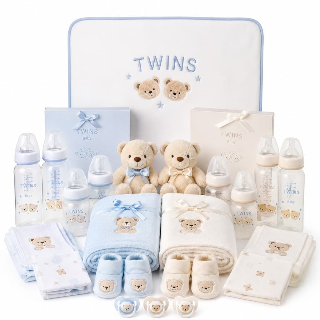 set of matching twin baby nursery items (bottles, blanket, soft toys)