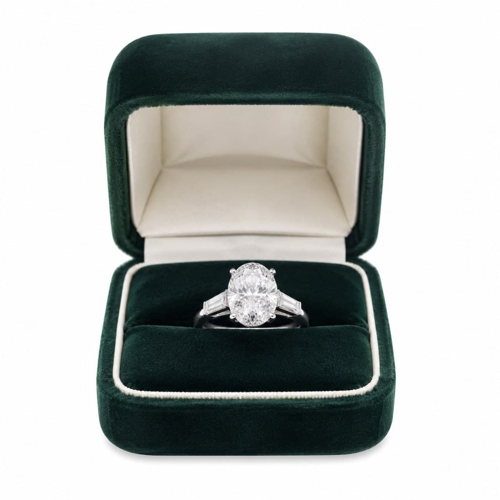 velvet engagement ring box, lid open, showing large diamond ring