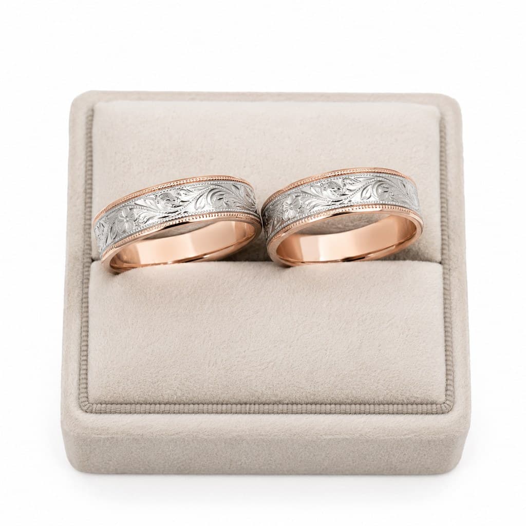 pair of matching engraved wedding rings on velvet cushion