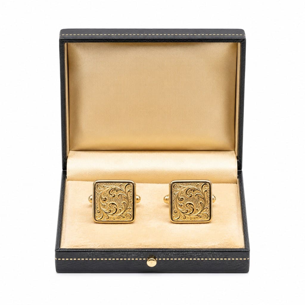pair of engraved gold cufflinks in display box