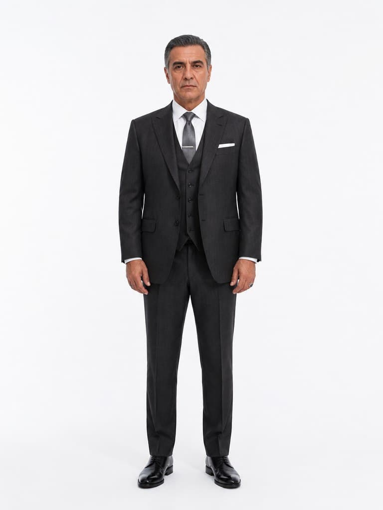 family patriarch dark grey three piece suit weathered face full body portrait