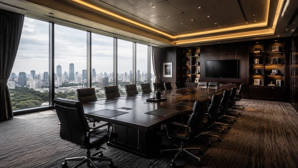 legitimate front office boardroom skyline view wide shot daytime