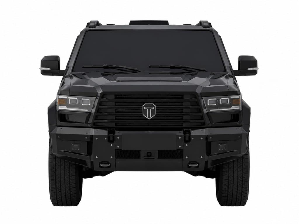 black armored SUV escort vehicle glossy front view no plate