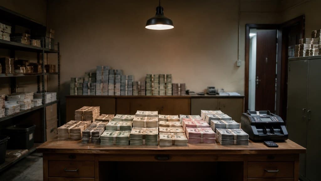 discreet back-office counting room stacked with cash bundles under a single hanging lamp
