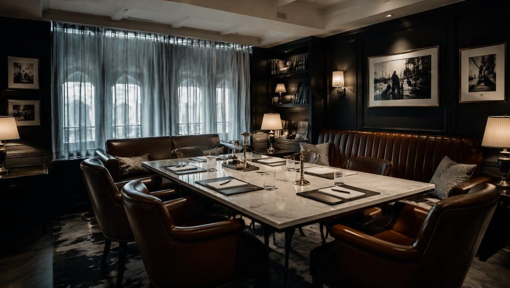 dim jazz-era style private lounge repurposed as a modern meeting spot
