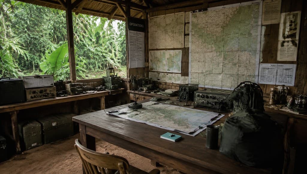 jungle compound command room with maps pinned to the walls and radio equipment