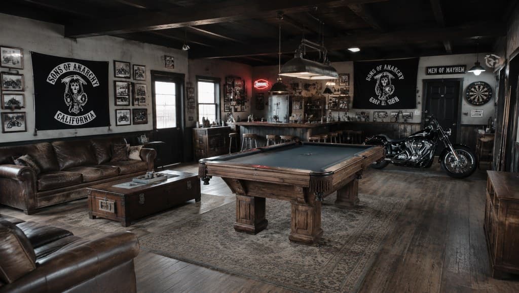 motorcycle club clubhouse common room with a pool table and worn leather sofas