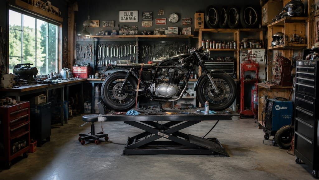 club garage workshop interior with tools and a motorcycle mid-repair