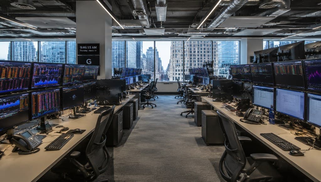 hedge fund trading floor interior with rows of monitors