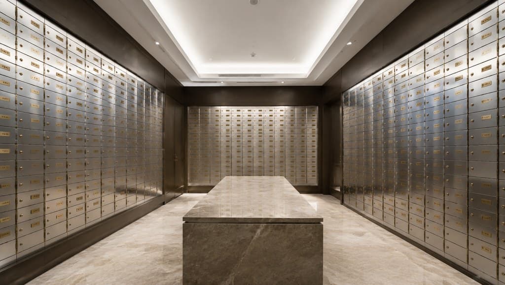 offshore private bank vault interior with safety deposit boxes