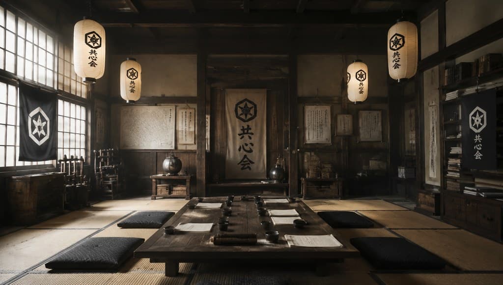 syndicate branch back-room interior with a low table set for a meeting