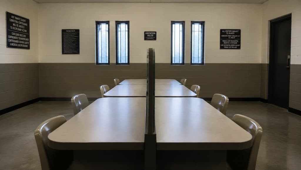 prison visitation room interior with a divided table and plastic chairs
