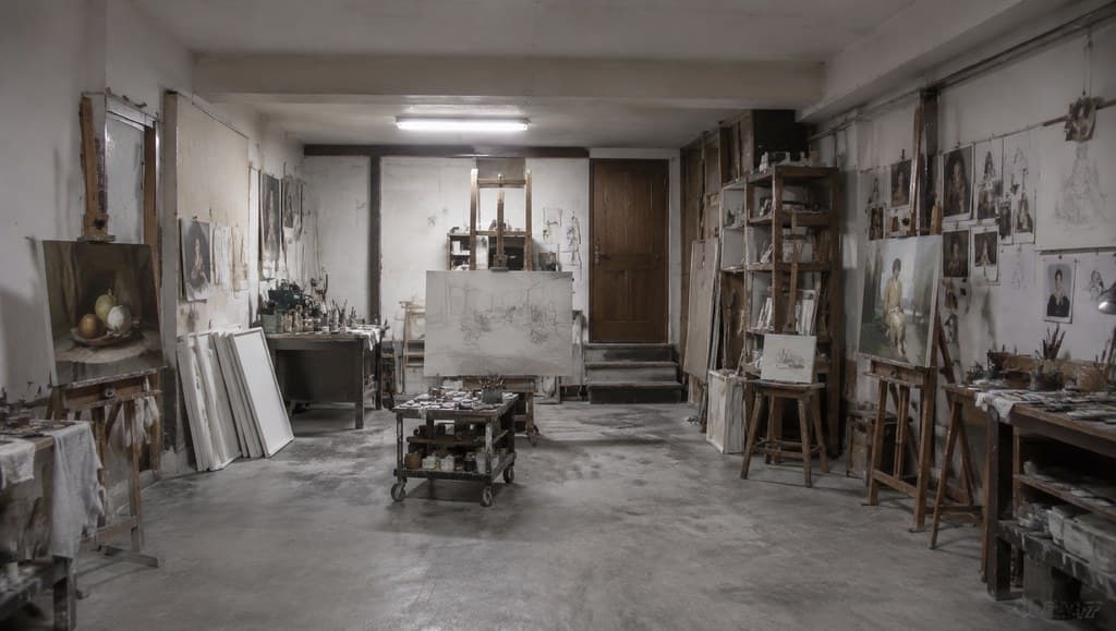 underground art forgery studio interior with easels and unfinished canvases