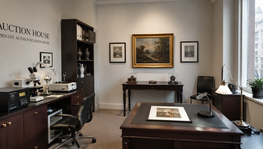 auction house private authentication room interior with examination equipment