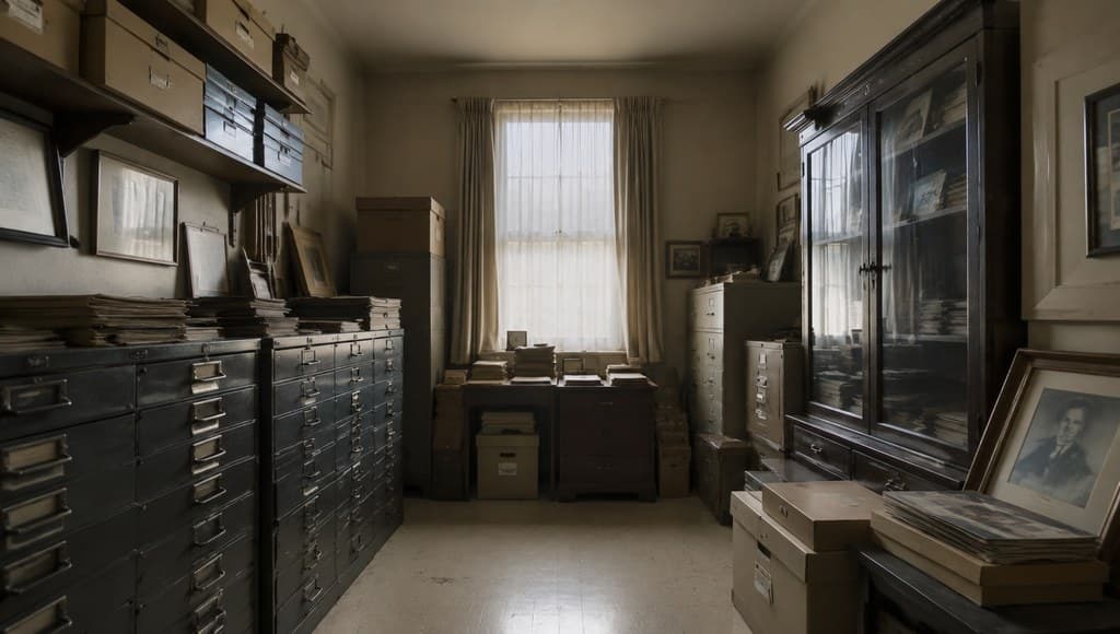 family archive room interior with old filing cabinets and dim lighting