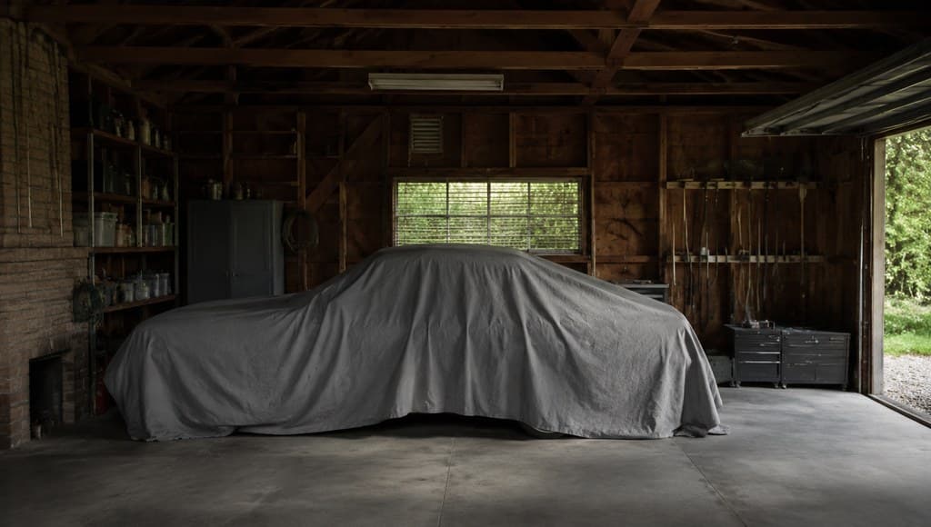 getaway safehouse garage interior with a car under a tarp