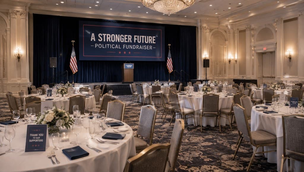 political fundraiser gala interior with round tables and a stage
