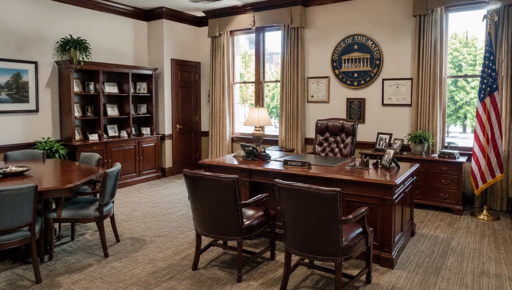 mayor's private office interior with heavy wood furniture