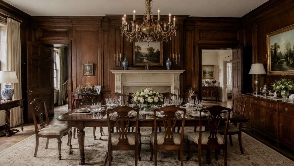 family estate dining hall interior set for a tense family dinner