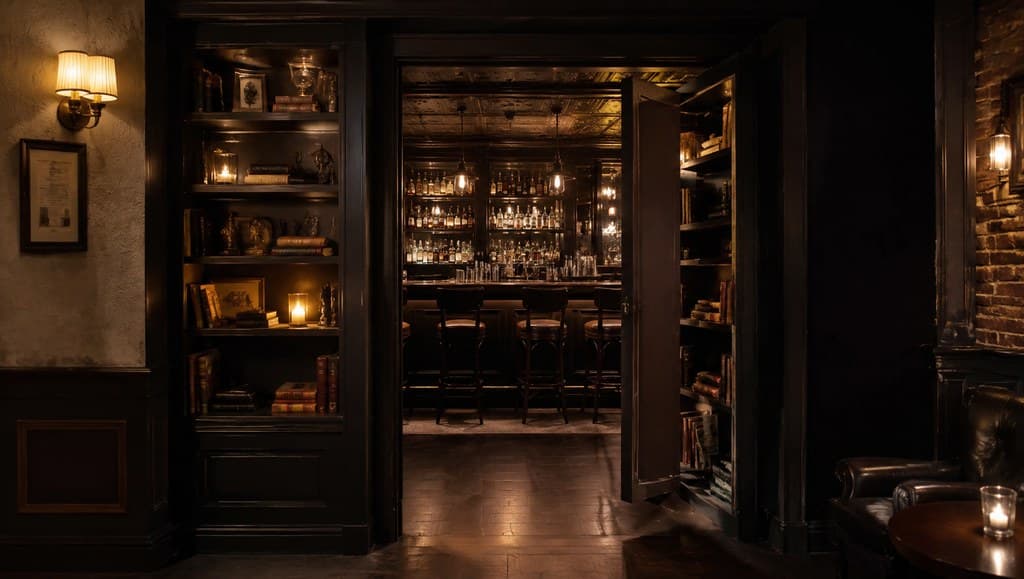 speakeasy-style hidden bar interior accessed through a false wall