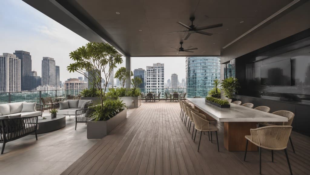 rooftop meeting spot interior/exterior hybrid with city skyline in the background