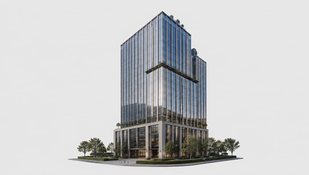 hedge fund high-rise office tower exterior with a sleek glass facade