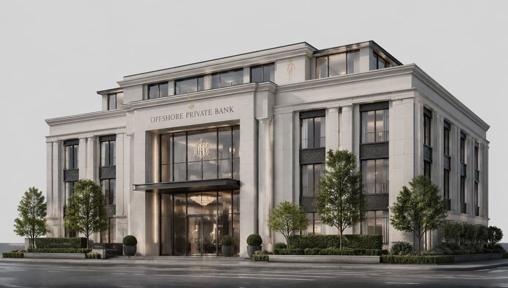 offshore private bank building exterior with a discreet formal facade