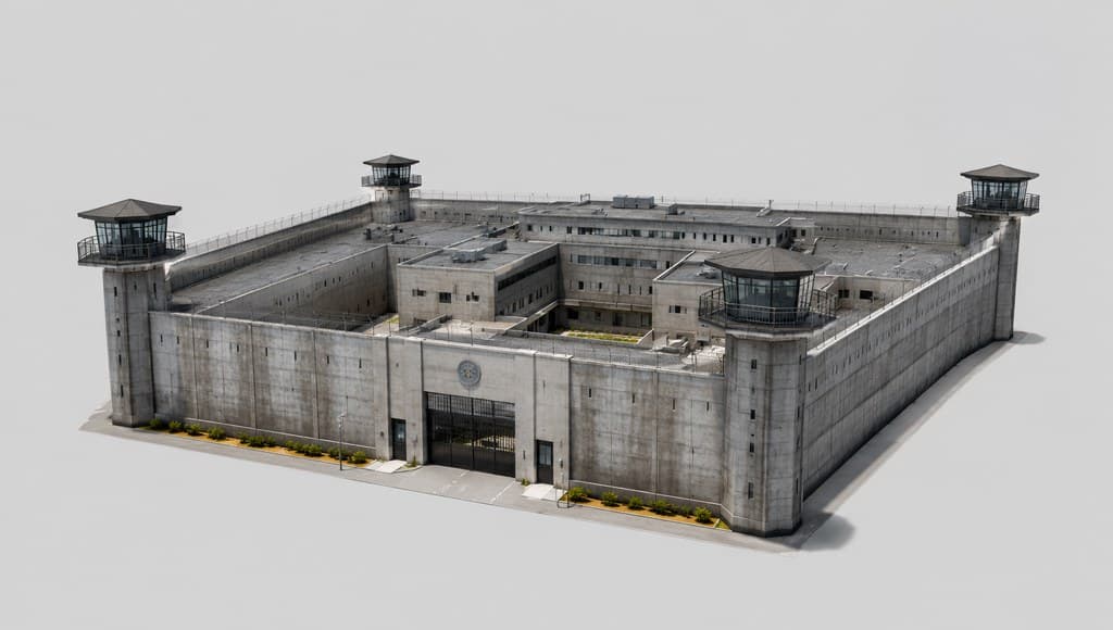 prison exterior with high concrete walls and watchtowers