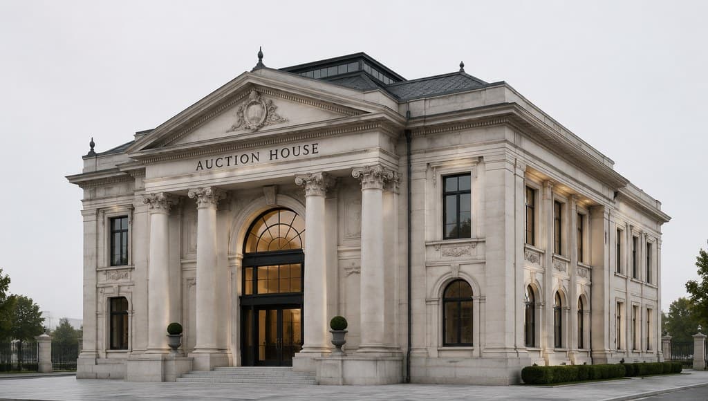 auction house building exterior with a grand classical stone facade