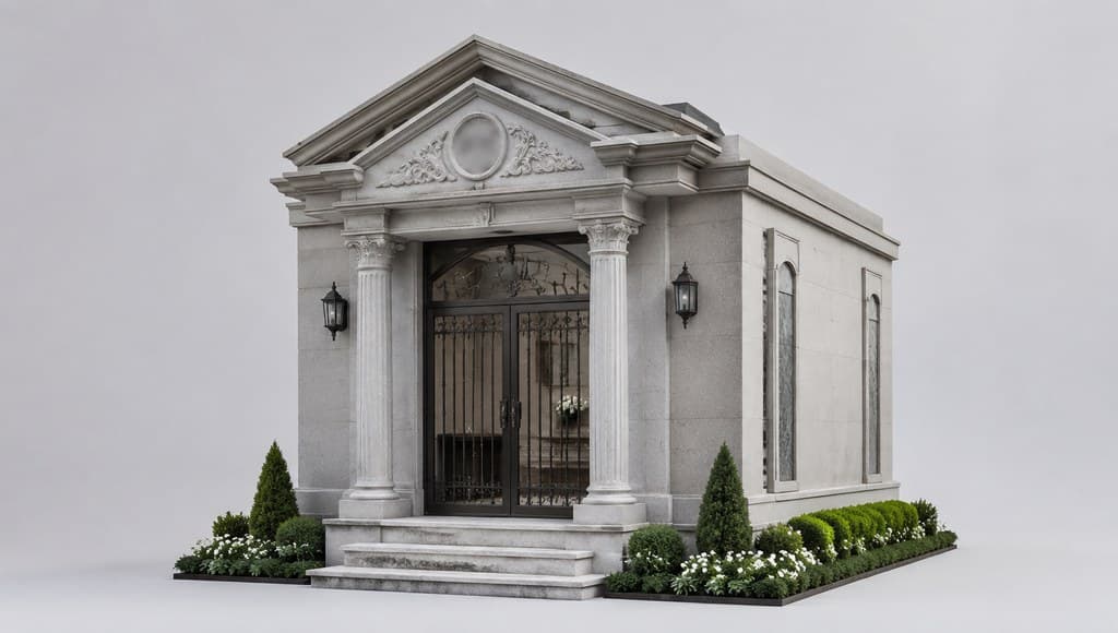 family mausoleum exterior with carved stone columns and an iron gate