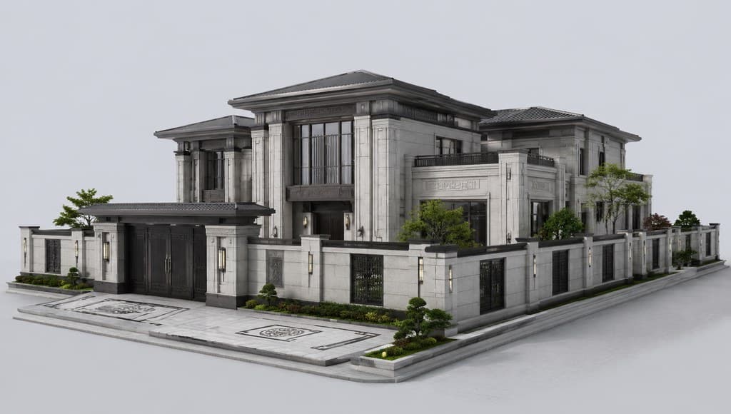 rival family's fortified estate exterior with high walls and security gates